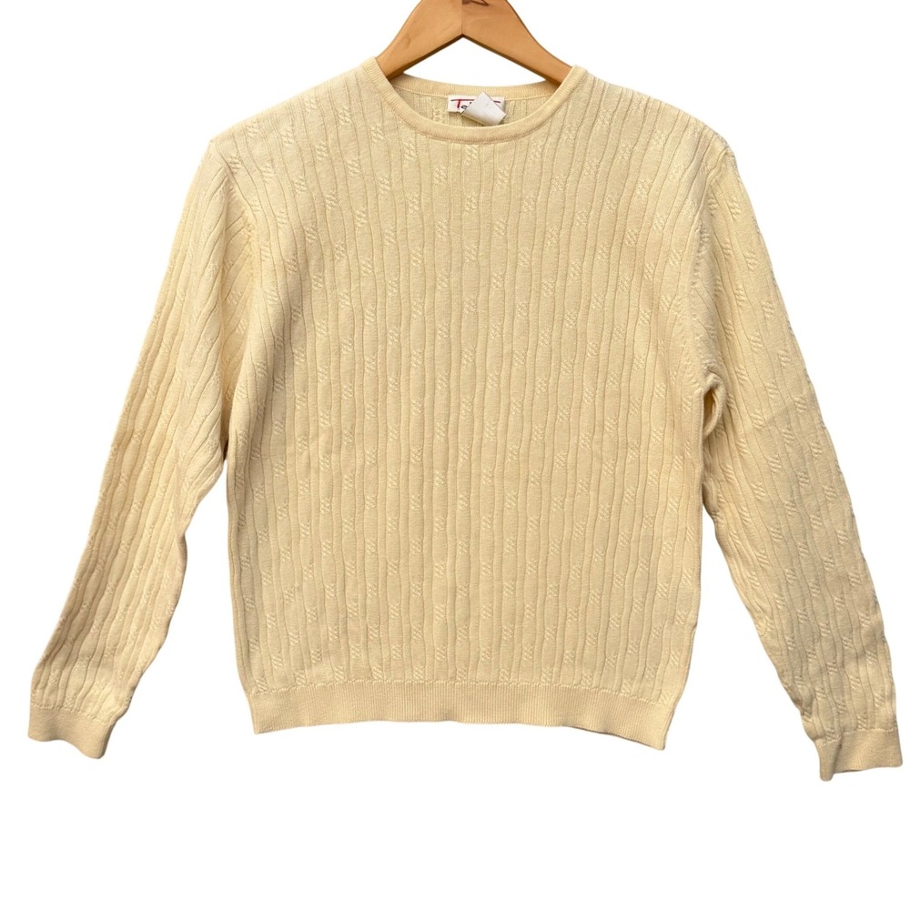 VTG Talbots Women Cream Yellow Sz Md 100% Cotton Cable Knit Crew Neck Sweater